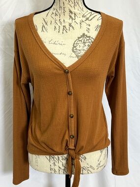 Camel waffle v neck button up waist tie long sleeve lightweight top